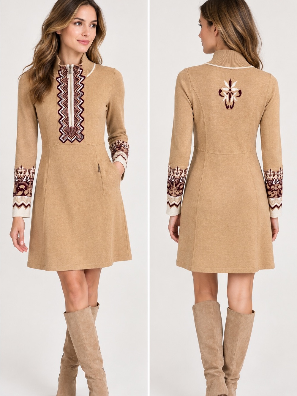 Athleta nordic inspired Camel Embroidered Long-Sleeve A-Line Dress S